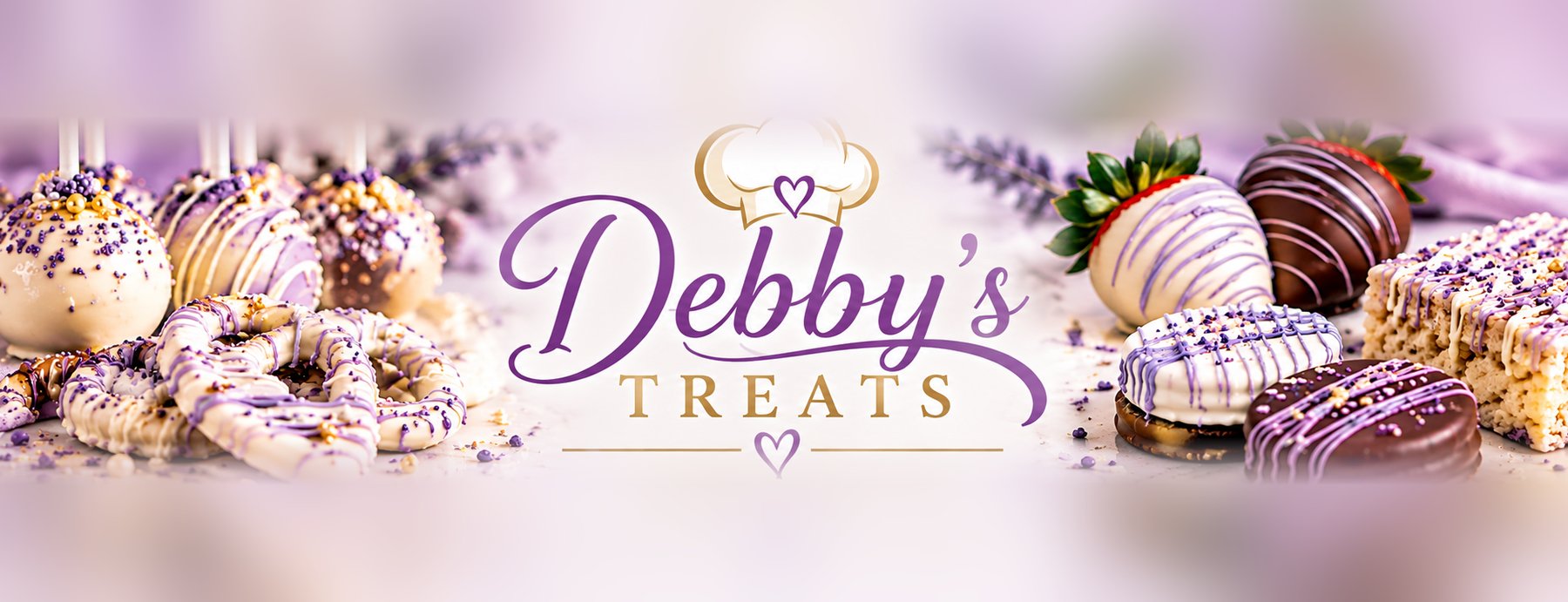 Debby’s Treats banner: cake pops, chocolate-dipped pretzels, Oreos and Rice Krispies treats in lavender and white